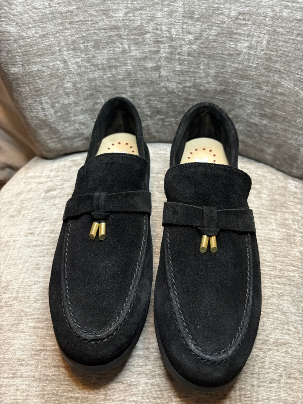 Mephisto Valenza . Black Suede Tassel Loafers with Gold Accents